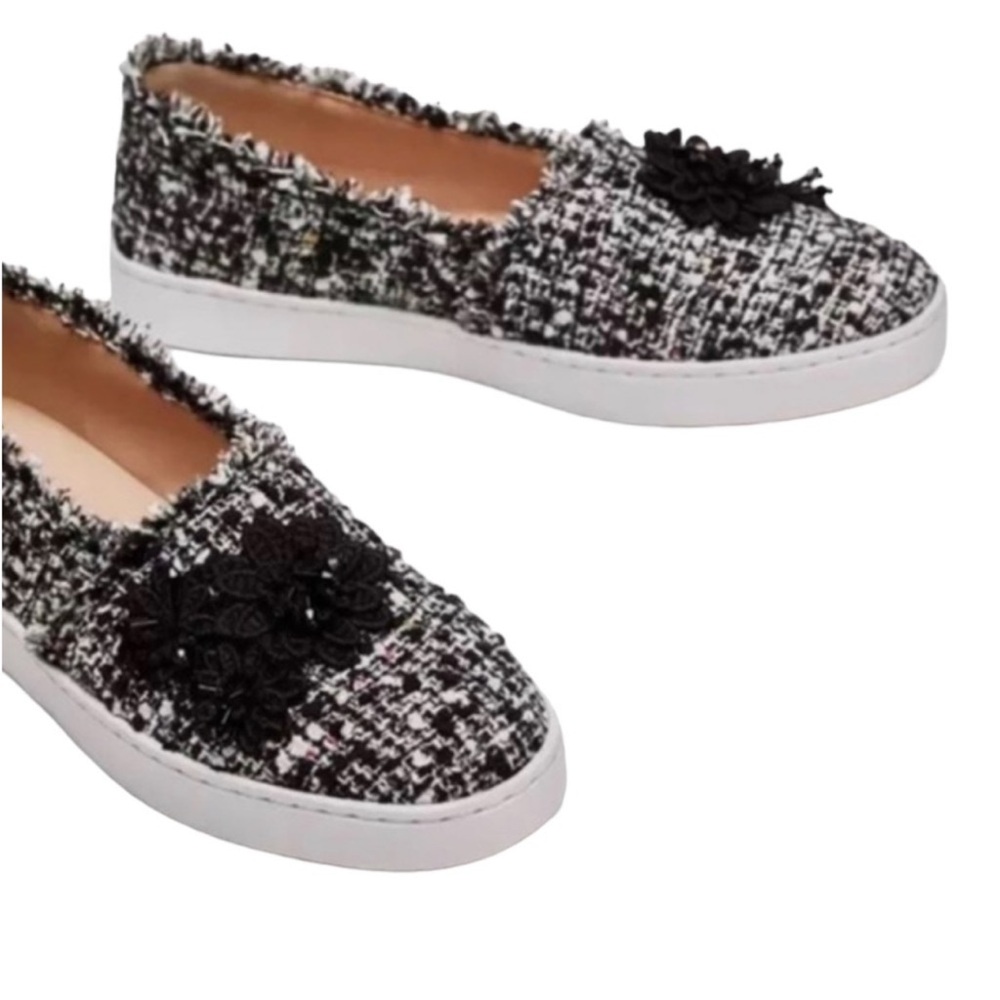 Zara NWT slip on tweed textured black white embellished sneaker shoes size 39
